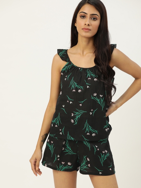 

ETC Women Black & Green Pure Cotton Printed Short Set