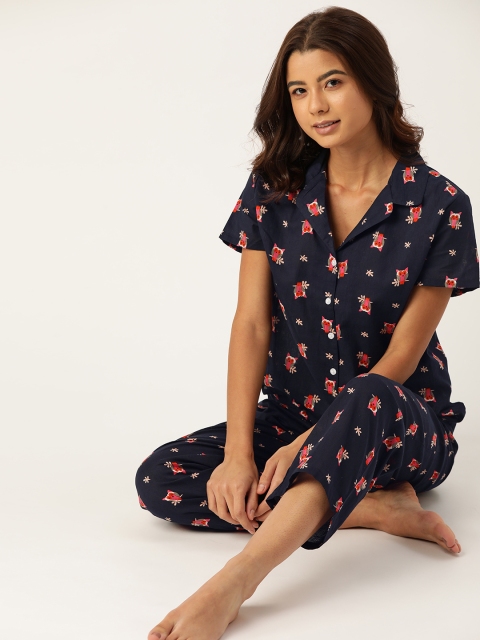 

ETC Women Navy Blue & Pink Owl Print Pure Cotton Pyjamas Set