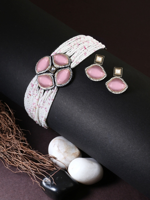 

Adwitiya Collection Gold-Plated Purple & White Kundan-Studded Pearl Beaded Handcrafted Jewellery Set