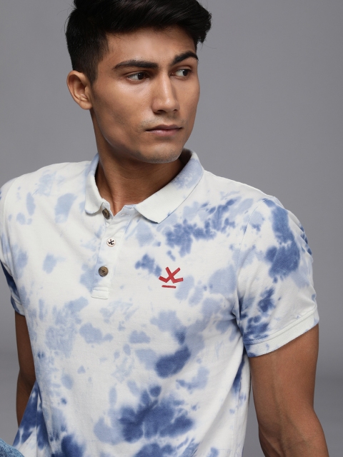 

WROGN Men White Blue Tie and Dye Dyed Polo Collar Slim Fit Pure Cotton T-shirt