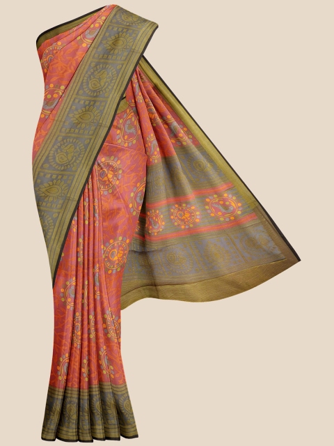 

Kalamandir Coral Pink & Olive Green Ethnic Motifs Zari Silk Blend Saree