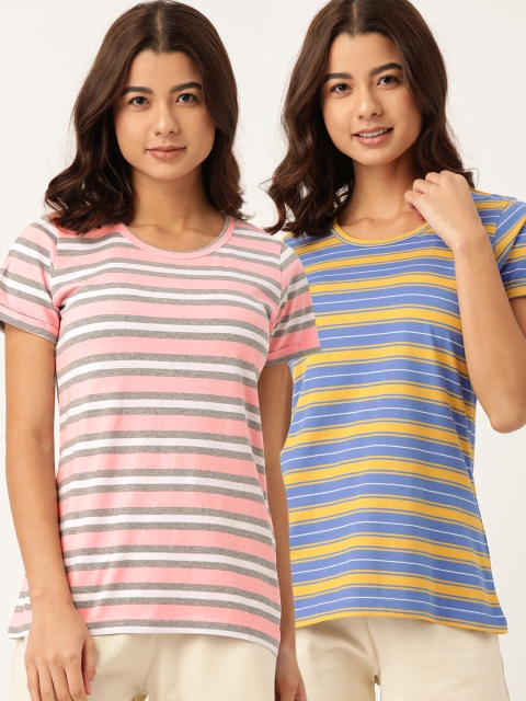 

ETC Women Pack of 2 Striped Cotton Lounge T-shirts, Pink