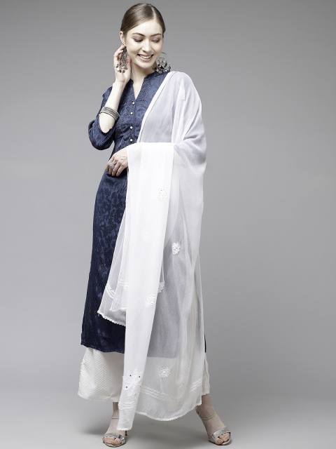 

ADA White Chikankari Hand Embroidered Mukaish Work Sustainable Dupatta