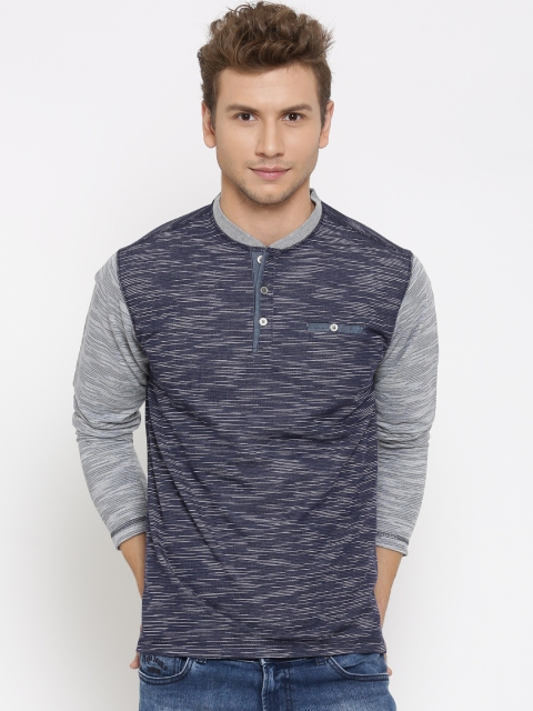 

Status Quo Men Navy Blue Henley Neck Patterned T-shirt