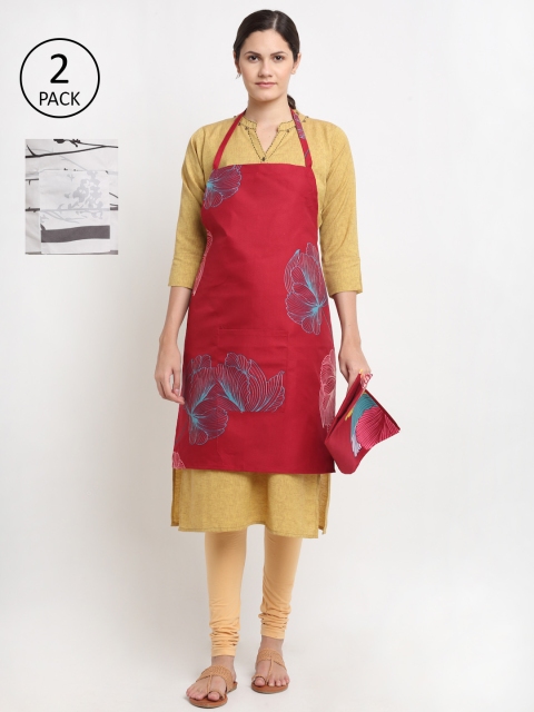 

NEUDIS Set Of 2 Pink Tropical Printed 210TC Apron With Front Centre Pocket & Napkins