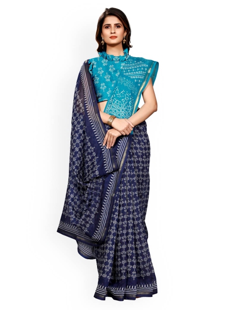 

KALINI Navy Blue & White Floral Zari Saree