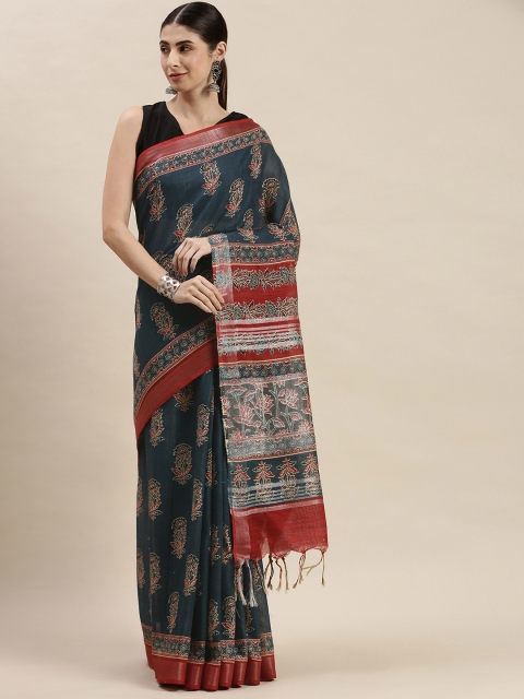 

swatika Blue Linen Blend Block Print Saree