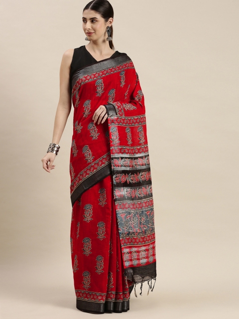 

swatika Red & Black Handloom Linen Blend Block Print Saree