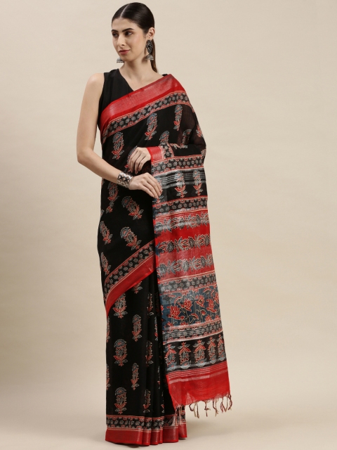 

swatika Black Handloom Linen Blend Block Print Saree