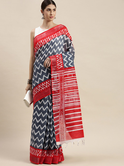 

swatika Grey & White Handloom Striped Sambalpuri Saree