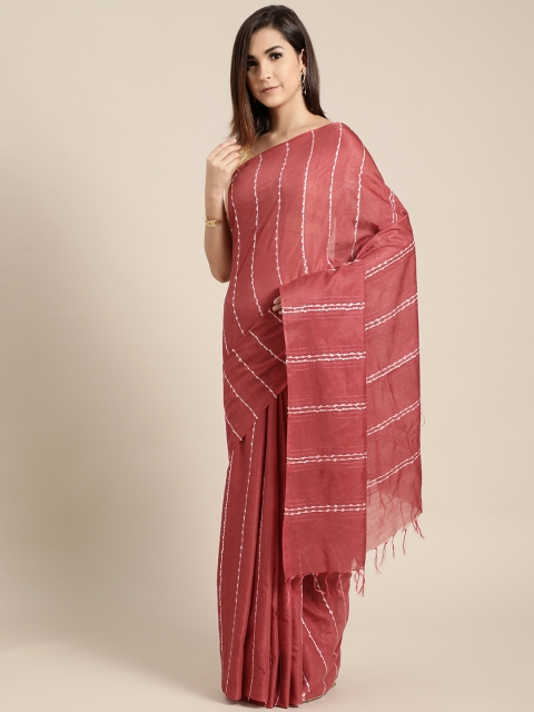 

swatika Coral Red & White Handloom Striped Art Silk Muga Saree