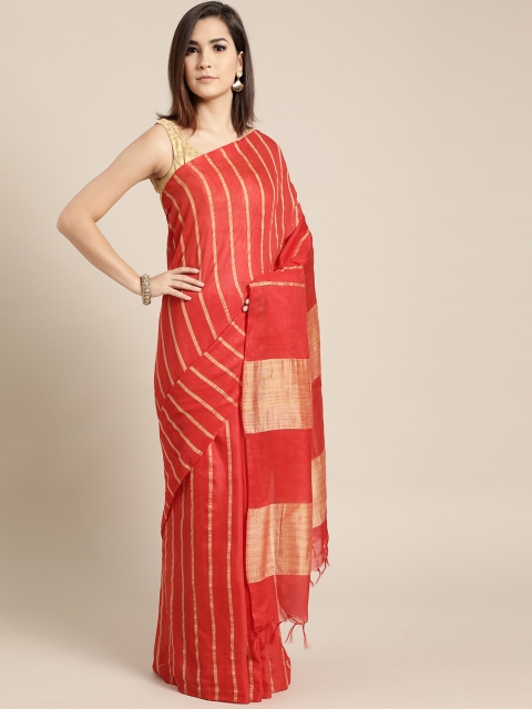 

swatika Red & Golden Striped Handloom Muga Saree