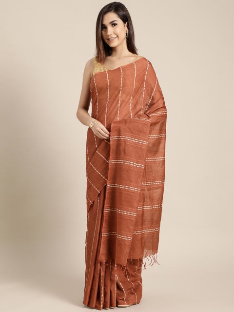 

swatika Brown & White Striped Handloom Art Silk Muga Saree