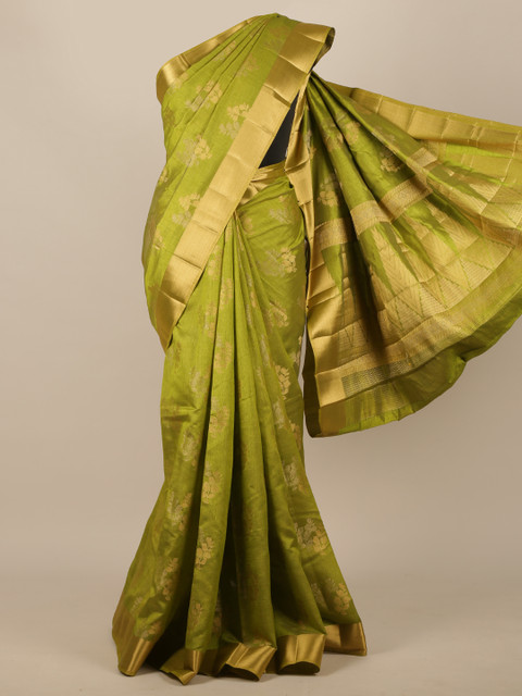 

Pothys Green & Golden Floral Zari Jute Silk Saree