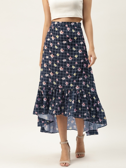 

KHUMAAR Shuchi Bhutani Women Navy Blue & White Checked A-Line Midi Skirt
