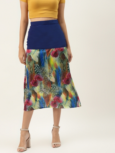

KHUMAAR Shuchi Bhutani Women Navy Blue & Yellow Floral Print A-Line Midi Skirt