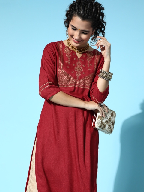 

Moda Rapido Women Rust Red & Golden Ethnic Motifs Yoke Design Straight Kurta