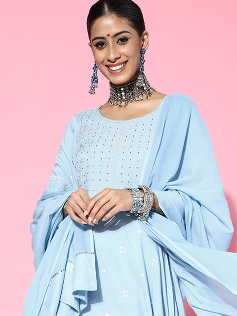 

Moda Rapido Women Blue Ethnic Print Thread Work A-Line Kurta with Trousers & With Dupatta