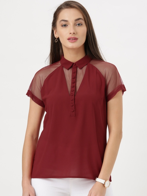 

Marie Claire Women Maroon Crepe Solid Sheer Detail Top
