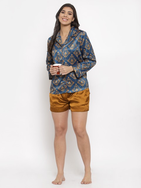 

DECOREALM Women Teal & Gold-Toned Printed Night suit