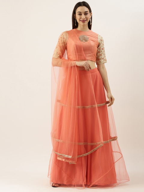 

EthnoVogue Peach-Coloured Embellished Sequinned Made to Measure Lehenga & Blouse With Dupatta