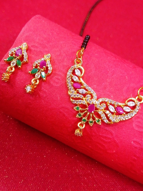 

OOMPH Women Gold-Plated Pink & Green Stone-Studded Beaded Mangalsutra With Earrings