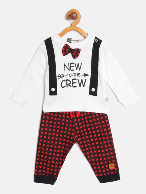 

Moms Love Infant Boys White Pure Cotton Printed T-shirt with Checked Joggers