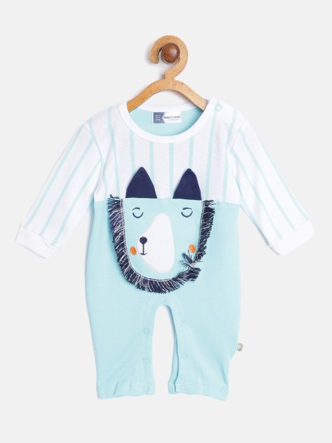 

Moms Love Infant Boys Blue & White Pure Cotton Striped Rompers with Applique Detail