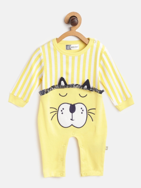 

Moms Love Infant Boys Yellow & White Striped Pure Cotton Rompers with Applique Detail