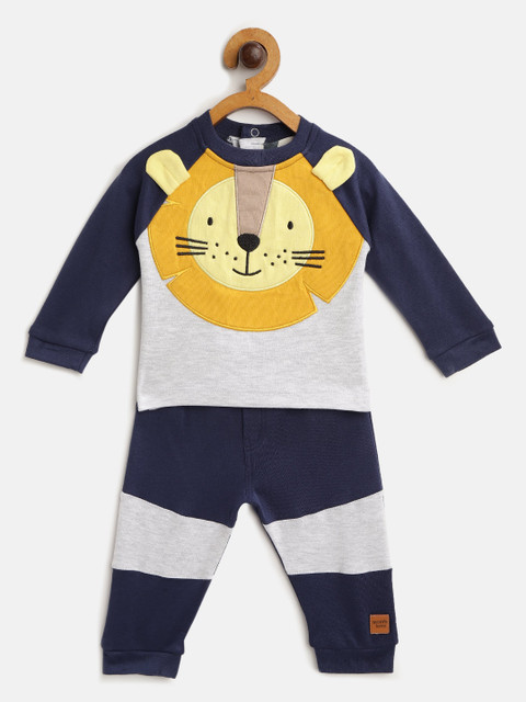 

Moms Love Infant Boys Grey Melange & Navy Colourblocked Pure Cotton T-shirt with Joggers