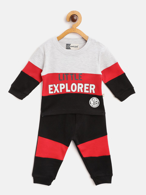 

Moms Love Infant Boys Black & Red Cotton Colourblocked & Printed T-shirt with Joggers