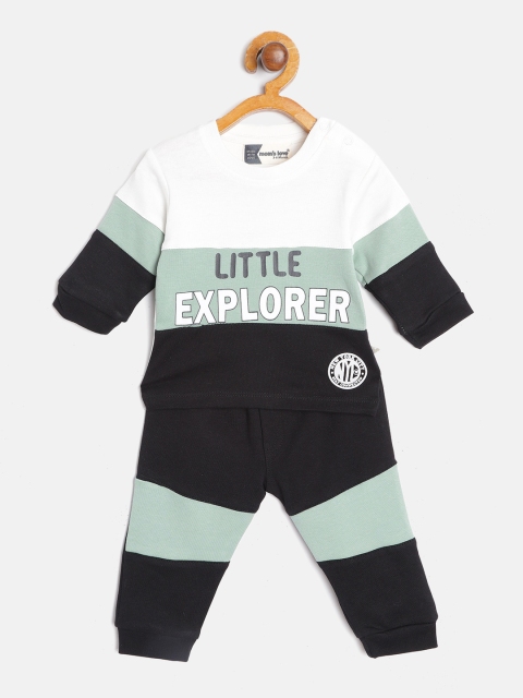 

Moms Love Infant Boys White & Mint Green Cotton Colourblock & Printed T-shirt with Joggers