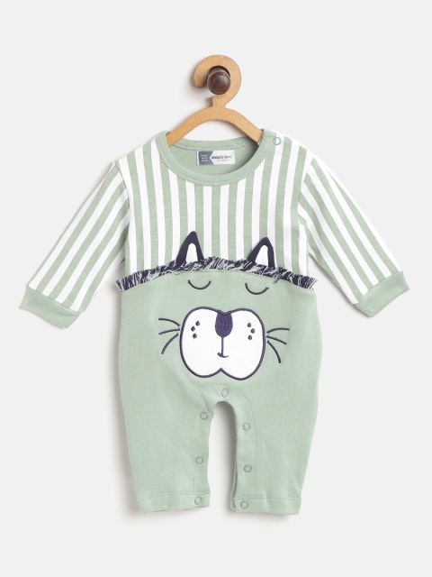 

Moms Love Infant Boys Sage Green & White Striped Pure Cotton Rompers with Applique Detail