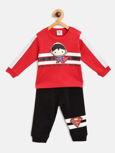 

Moms Love Infant Boys Red & Black Cotton Superman Print T-shirt with Joggers