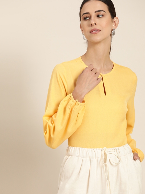 

her by invictus Women Yellow Solid Keyhole Neck Regular Top