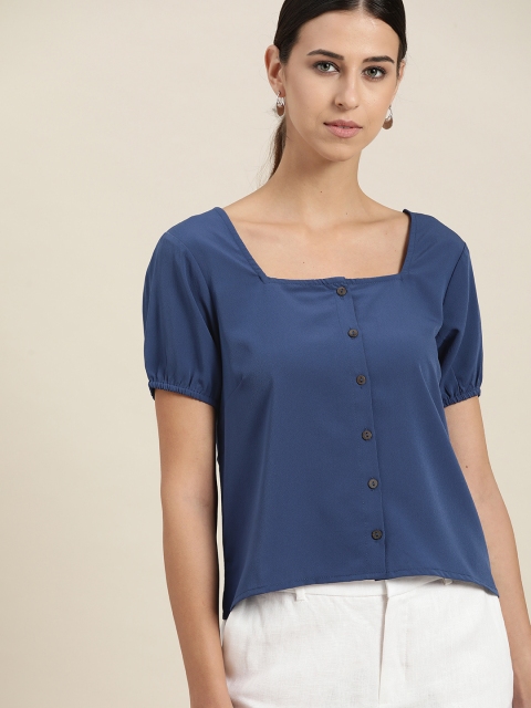 

her by invictus Blue Puff Sleeves Solid Top