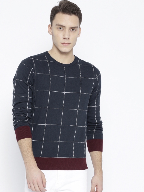 

Tommy Hilfiger Men Navy Blue & White Checked Pullover
