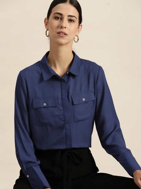 

her by invictus Women Navy Blue Solid Casual Shirt