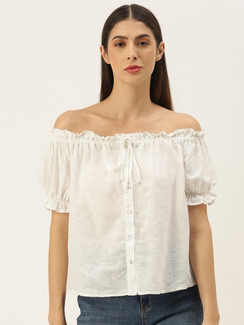 

Koton White Off-Shoulder Puff Sleeve Linen Bardot Top