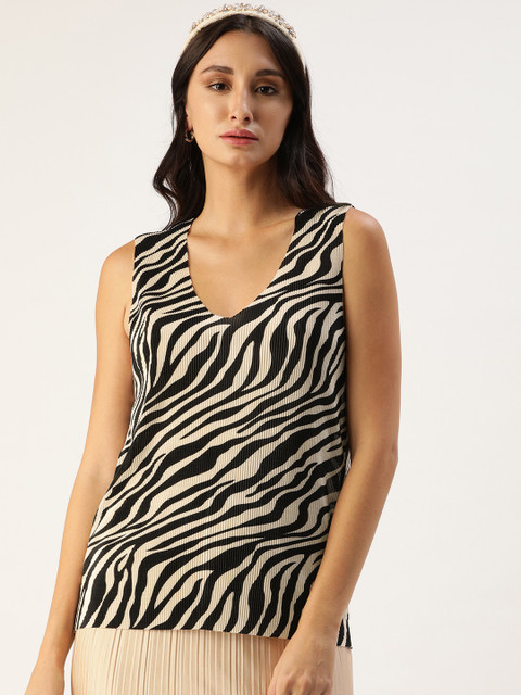 

Koton Black & Off White Animal Print Accordion Pleats Regular Top