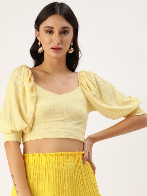 

Koton Women Yellow Self Desgined Yellow Puff Sleeve Regular Crop Top