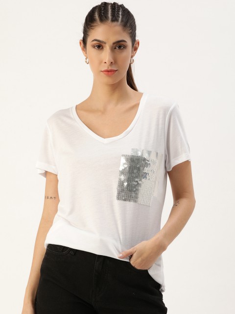 

Koton Women White Embellished V-Neck T-shirt