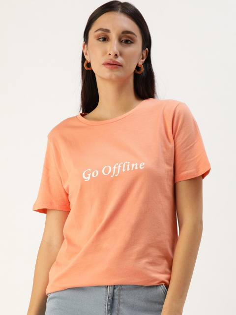 

Koton Women Peach-Coloured Typography Printed Pure Cotton T-shirt