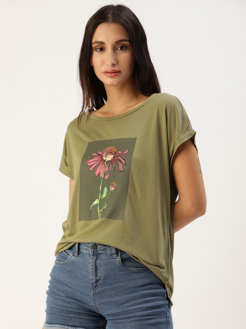 

Koton Women Olive Green Floral Printed Extended Sleeves T-shirt