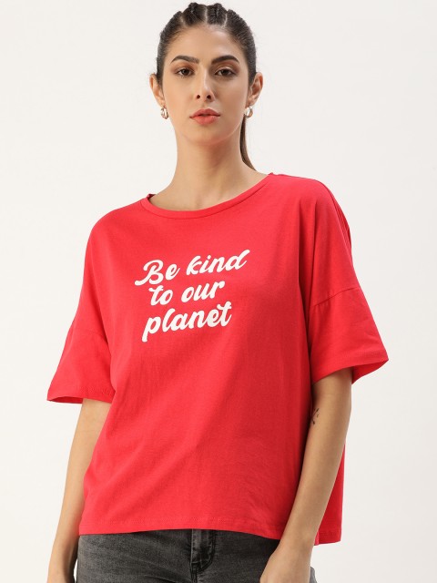 

Koton Women Red Typography Printed Drop-Shoulder Sleeves Boxy T-shirt