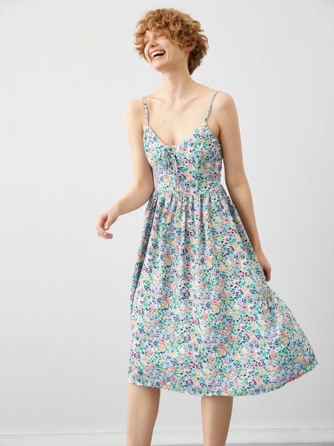 

Koton Multicoloured Floral Printed Smocked Midi Dress with Tie-Ups Detailing, Multi