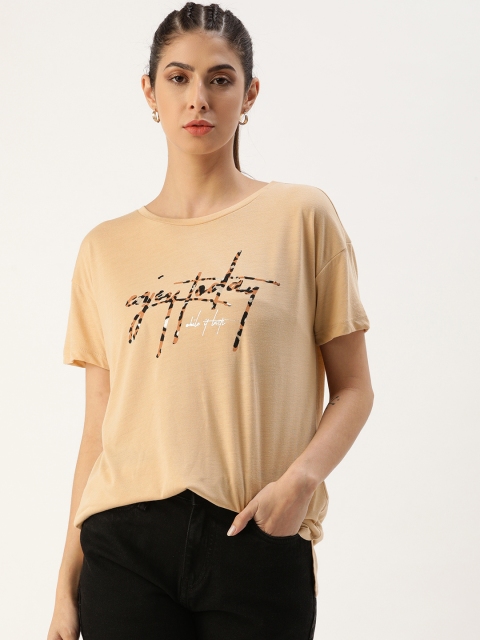 

Koton Women Beige Typography Printed Drop-Shoulder Sleeves T-shirt