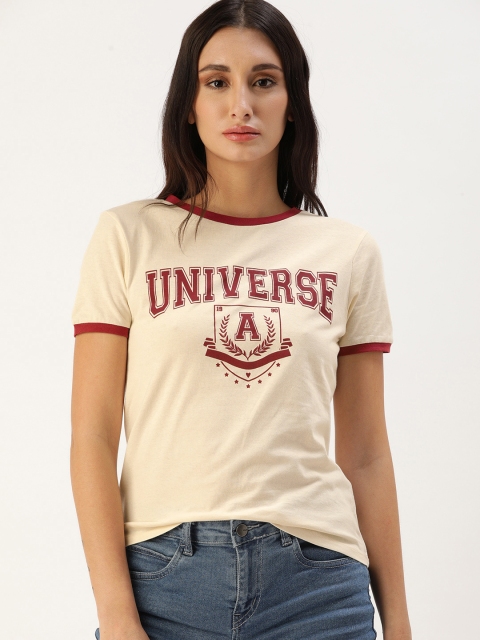 

Koton Women Off-White & Maroon Typography Print Pure Cotton Round Neck T-shirt