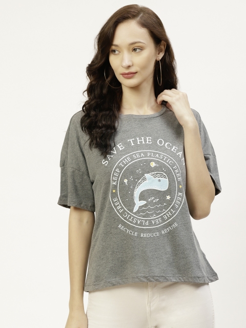 

Koton Women Grey Typography Printed Drop-Shoulder Sleeves T-shirt