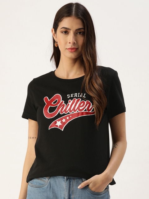 

Koton Women Black & Red Typography Print Pure Cotton Round Neck T-shirt